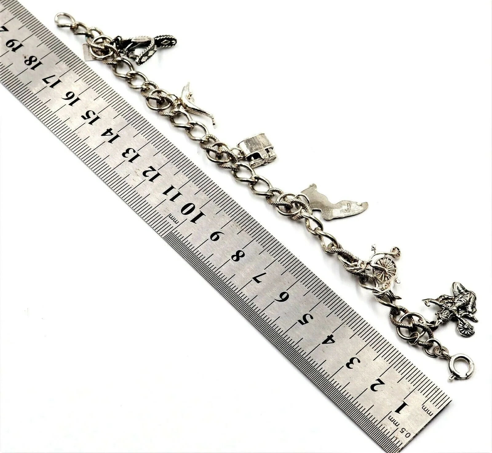 925 Sterling Silver Charm Bracelet Curb Link Chain Fine Jewellery 6 Charms