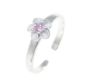 925 Sterling Silver Hawaiian Single Plumeria Flower Pink CZ Open Toe Ring