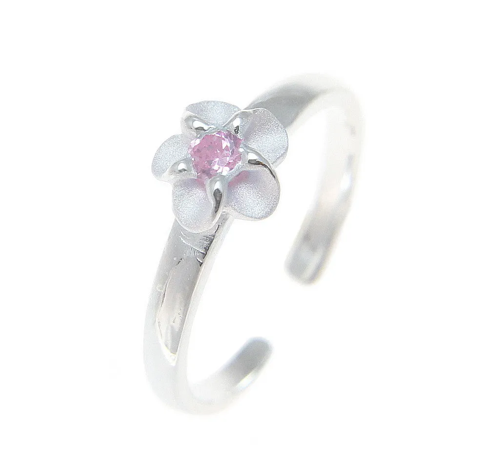 925 Sterling Silver Hawaiian Single Plumeria Flower Pink CZ Open Toe Ring