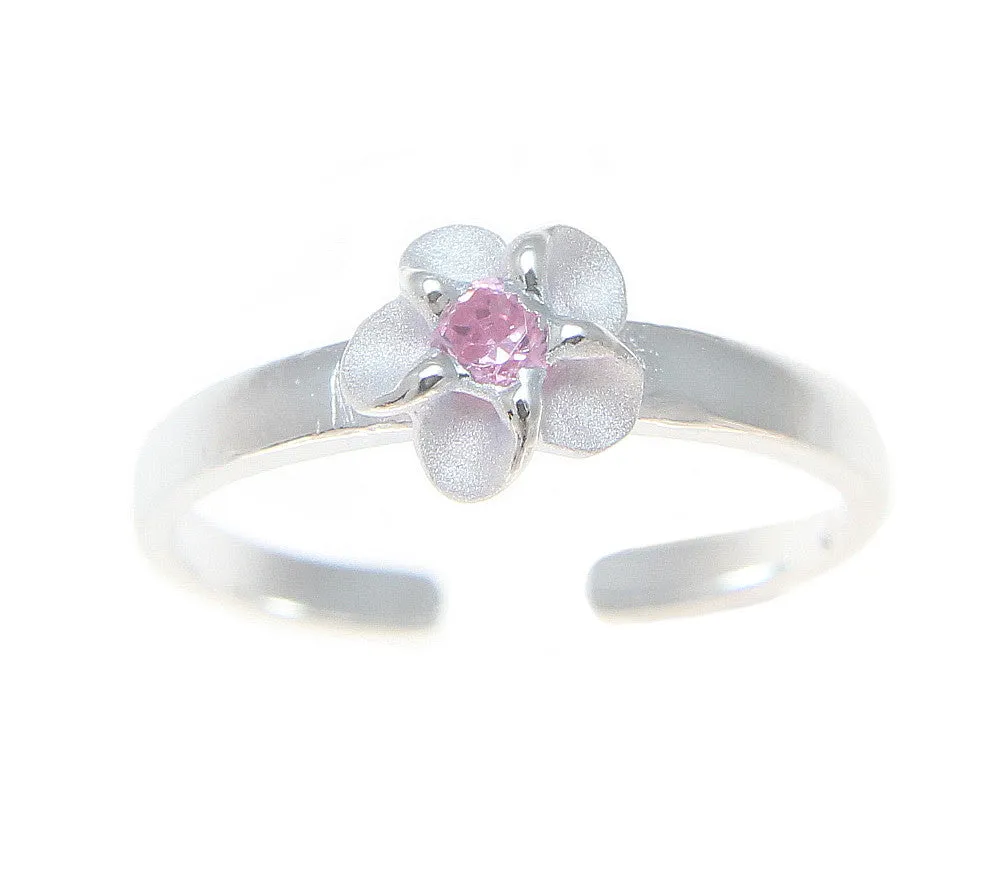 925 Sterling Silver Hawaiian Single Plumeria Flower Pink CZ Open Toe Ring