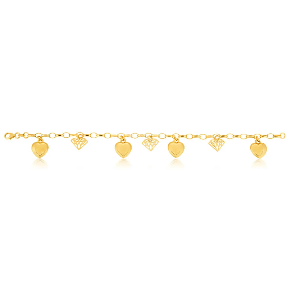 9ct Yellow Gold Silver Filled Heart & Diamond Shape 19cm Bracelet