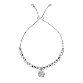 Adjustable Bead Bracelet Round Charm Cubic Zirconias Sterling Silver