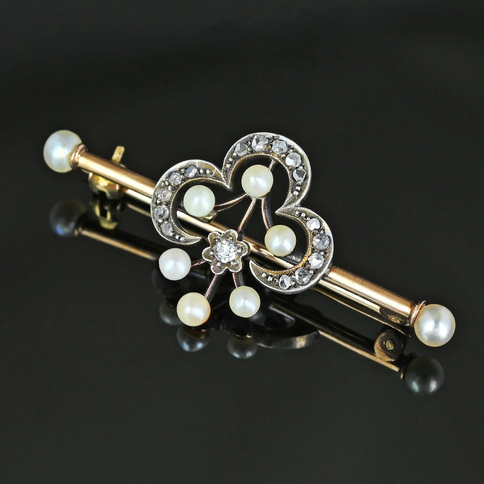 Antique 15K Gold Pearl & Rose Cut Diamond Brooch