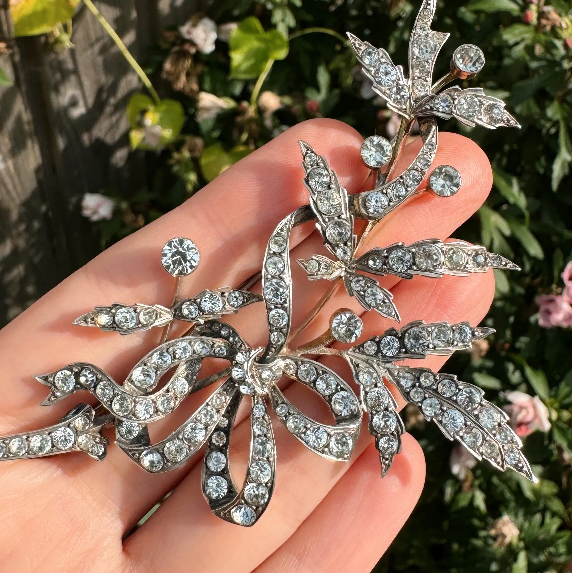 Antique Edwardian Silver Large Floral Spray Brooch