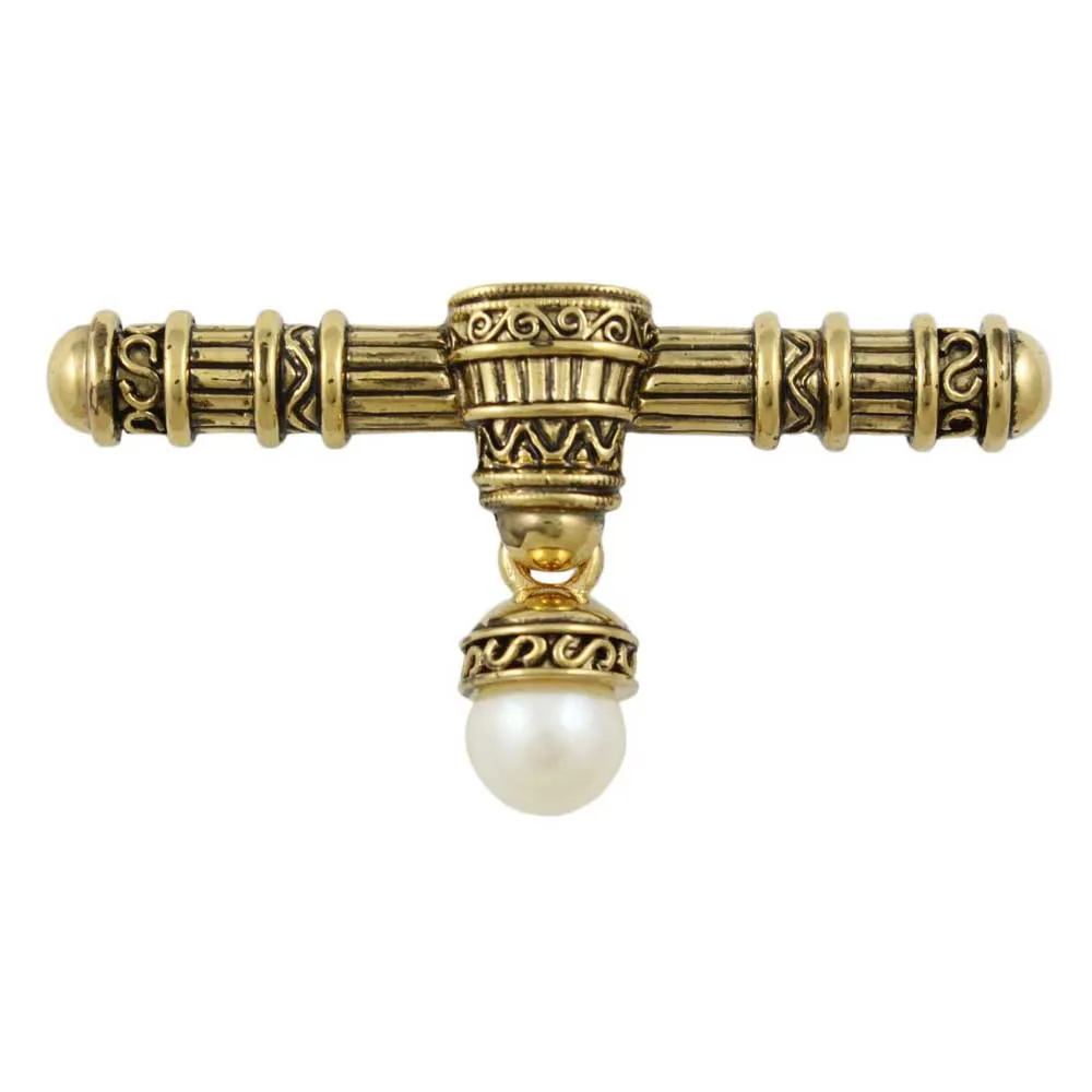 Antique Gold-plated Bar with Dangling White Pearl Brooch Pin - DPP621