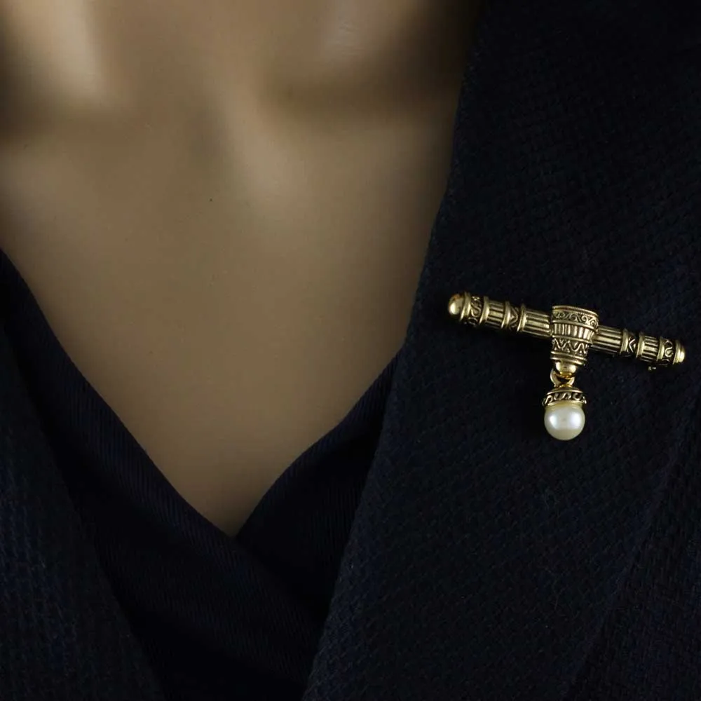 Antique Gold-plated Bar with Dangling White Pearl Brooch Pin - DPP621