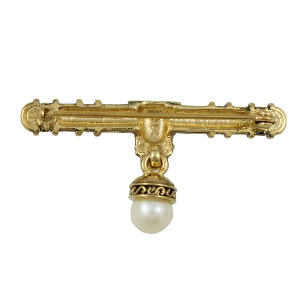 Antique Gold-plated Bar with Dangling White Pearl Brooch Pin - DPP621