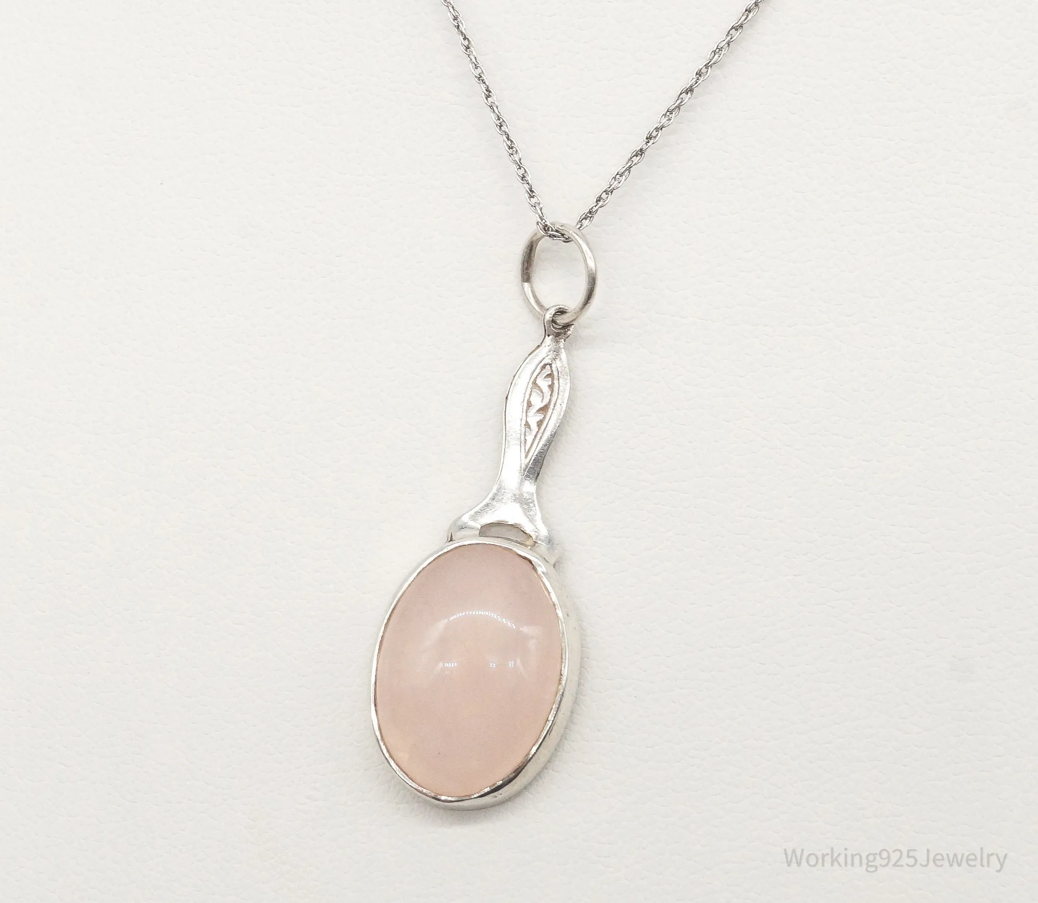 Antique Rose Quartz Vanity Mirror Sterling Silver Necklace