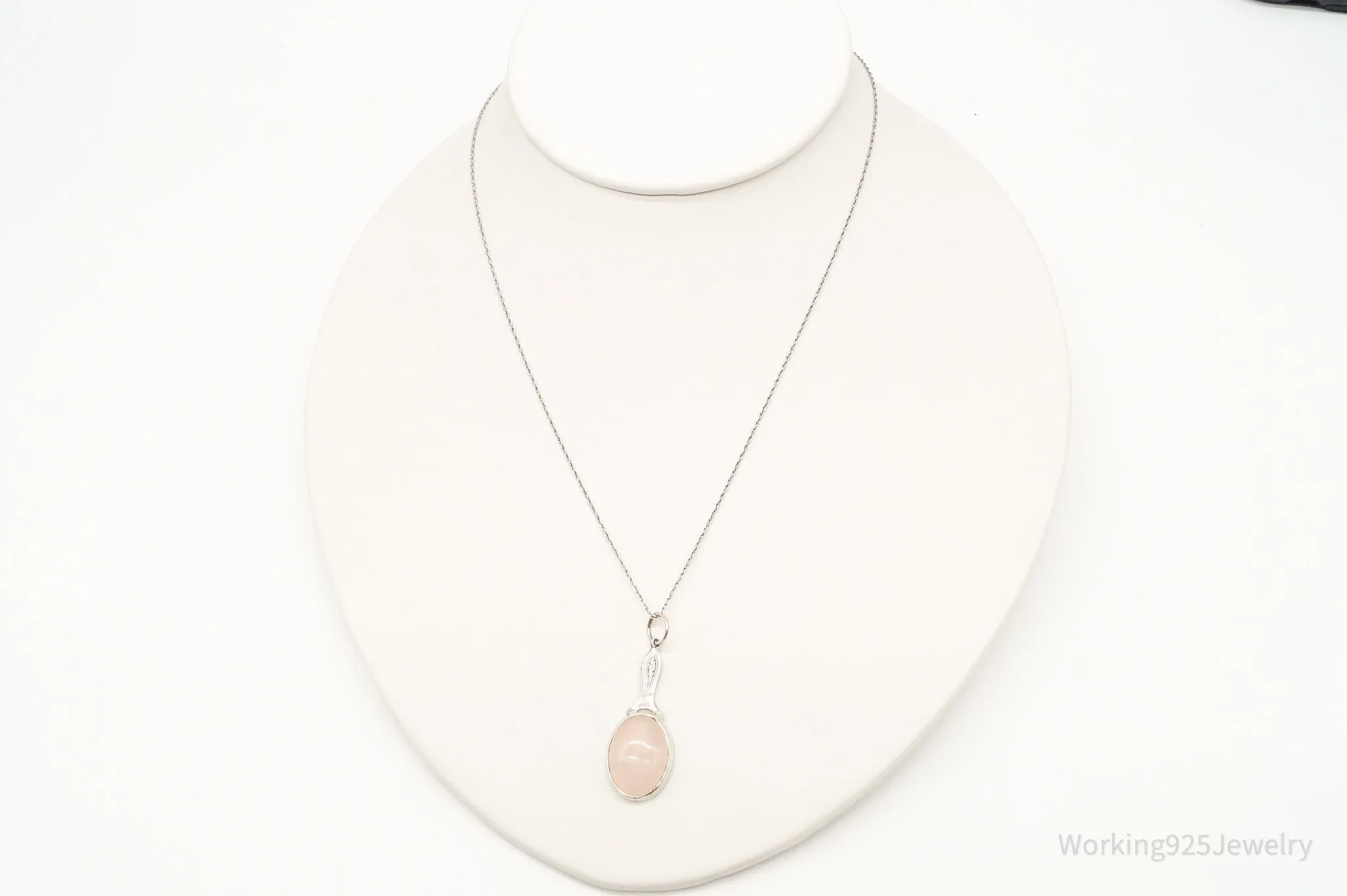 Antique Rose Quartz Vanity Mirror Sterling Silver Necklace