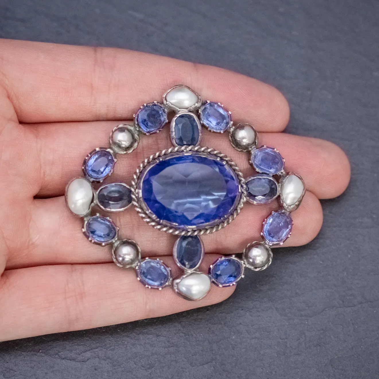 Antique Victorian Bristol Blue Paste Pearl Brooch Silver Circa 1900