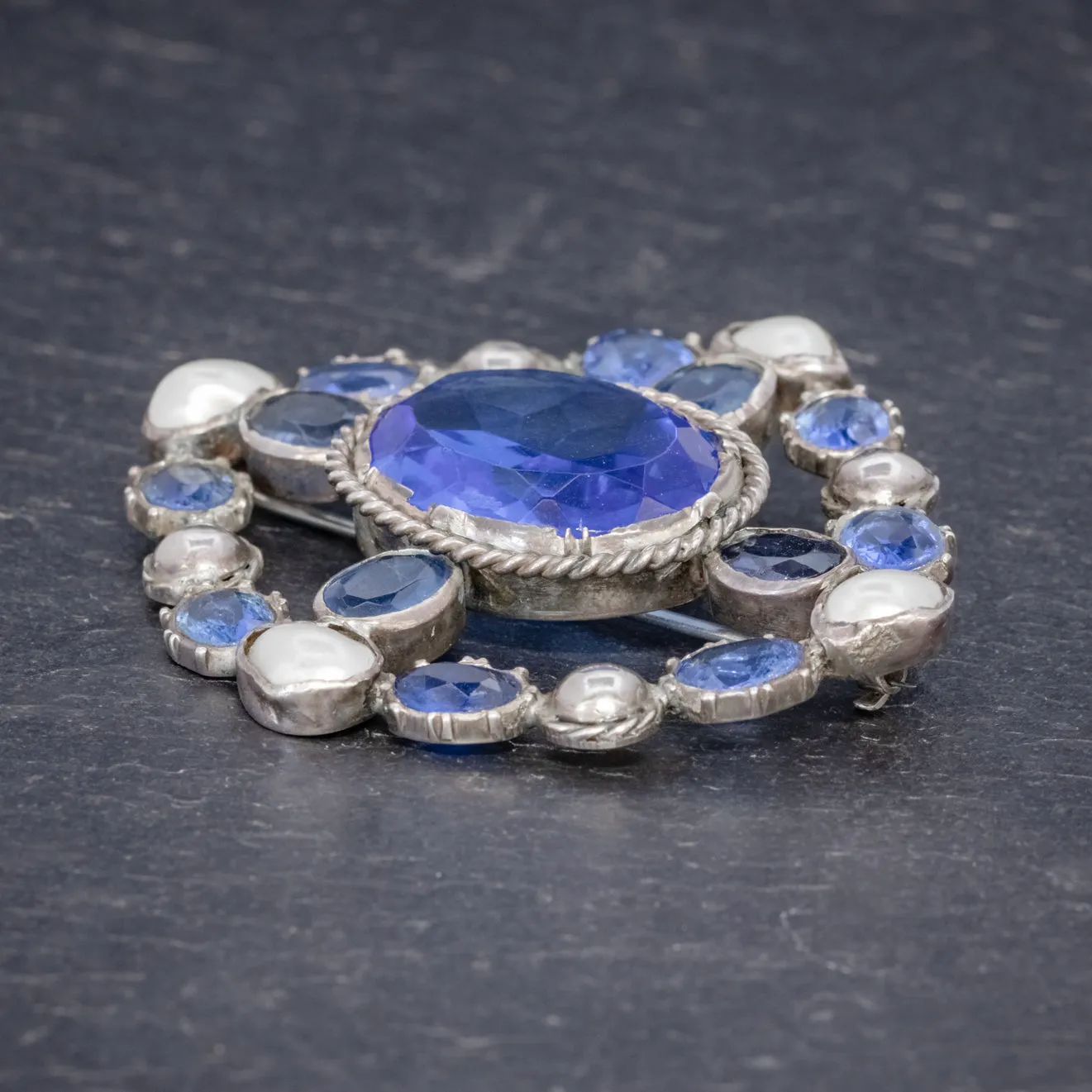 Antique Victorian Bristol Blue Paste Pearl Brooch Silver Circa 1900