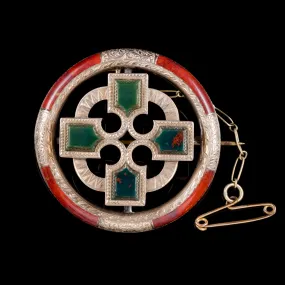 Antique Victorian Scottish 9Ct Gold Agate Celtic Brooch Circa 1880