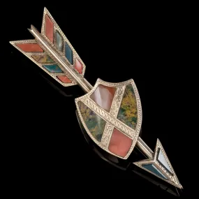 Antique Victorian Scottish Agate Arrow And Shield Brooch 18Ct Gold Circa 1860