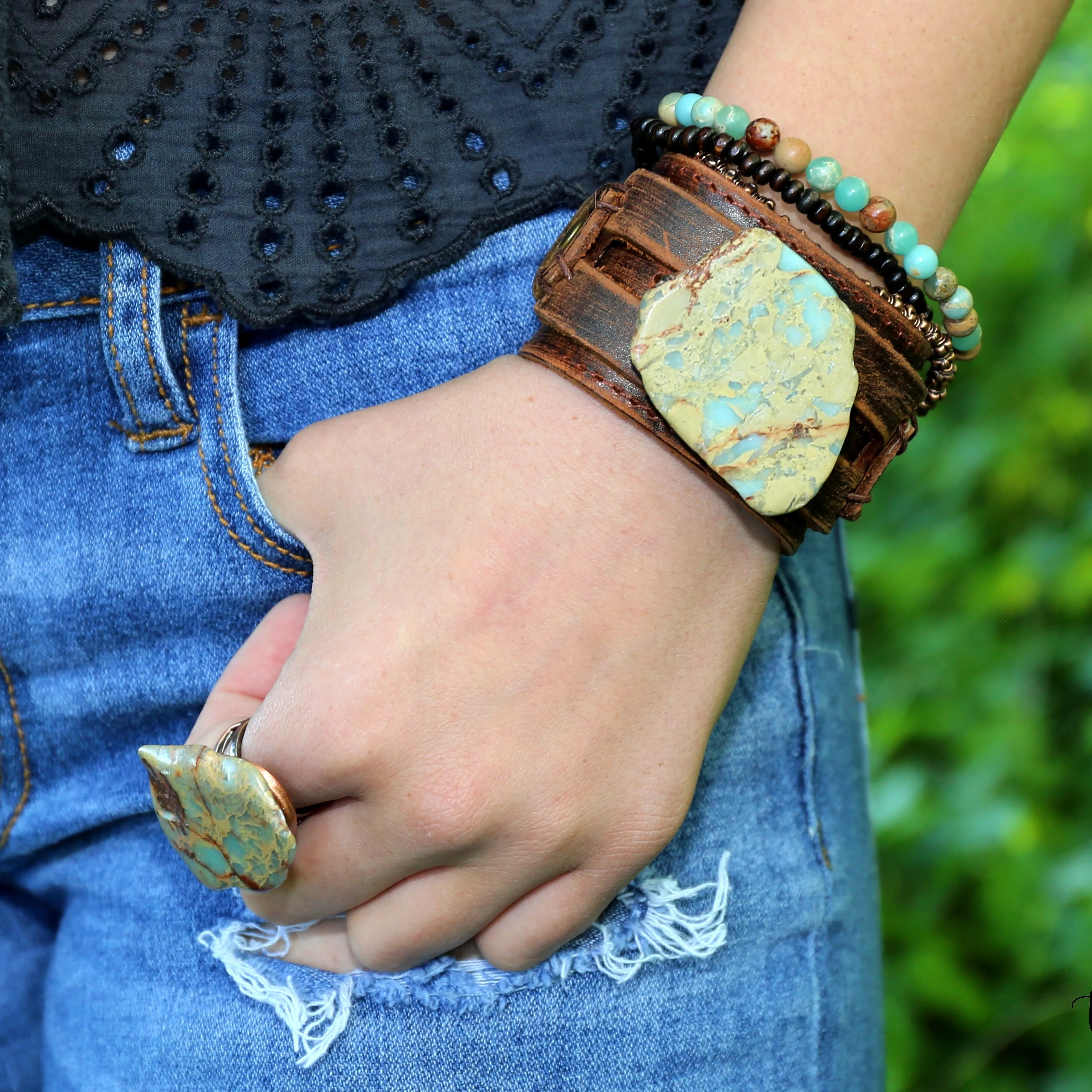 Aqua Terra Slab on Dusty Leather Cuff Bracelet 006a