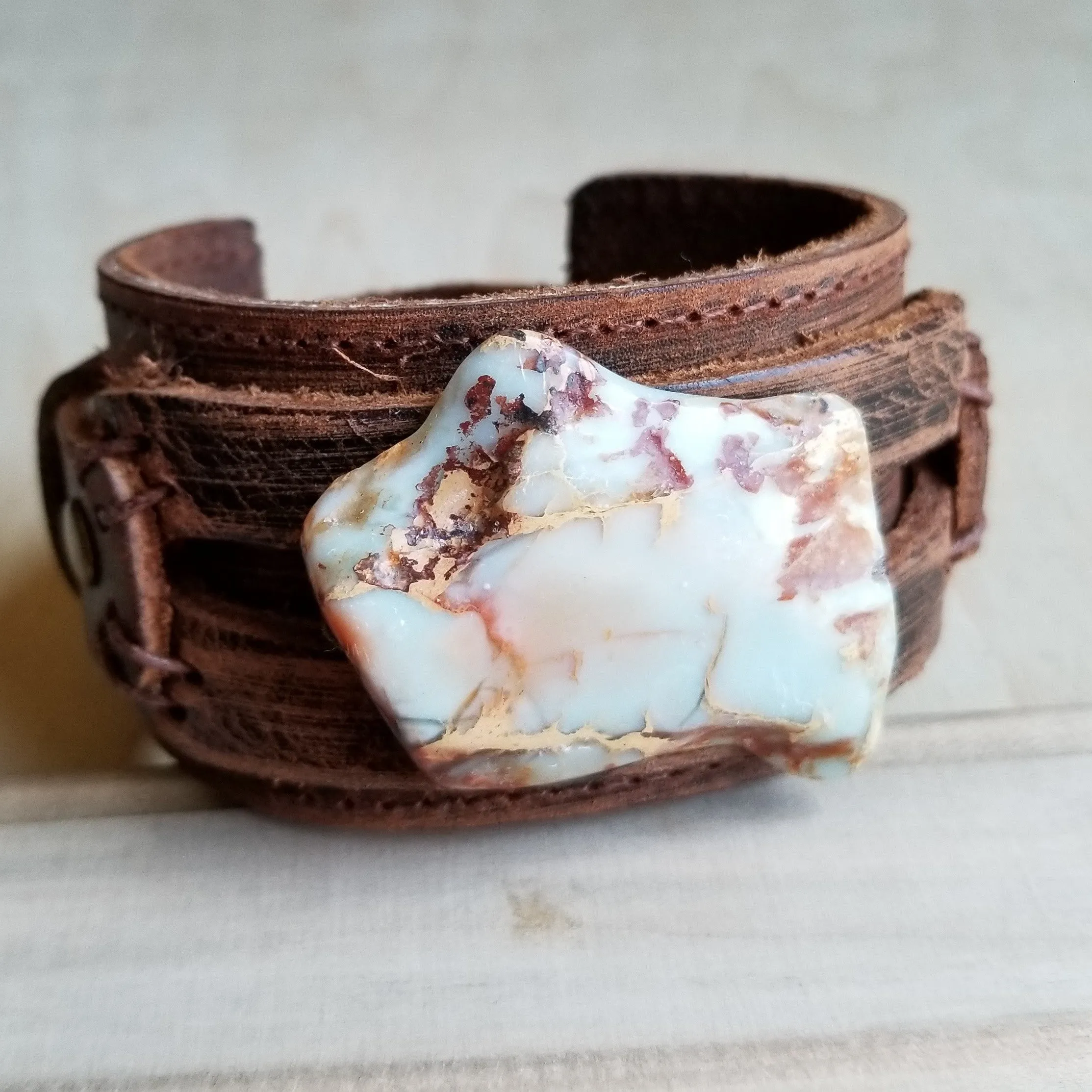 Aqua Terra Slab on Dusty Leather Cuff Bracelet 006a
