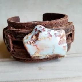 Aqua Terra Slab on Dusty Leather Cuff Bracelet 006a