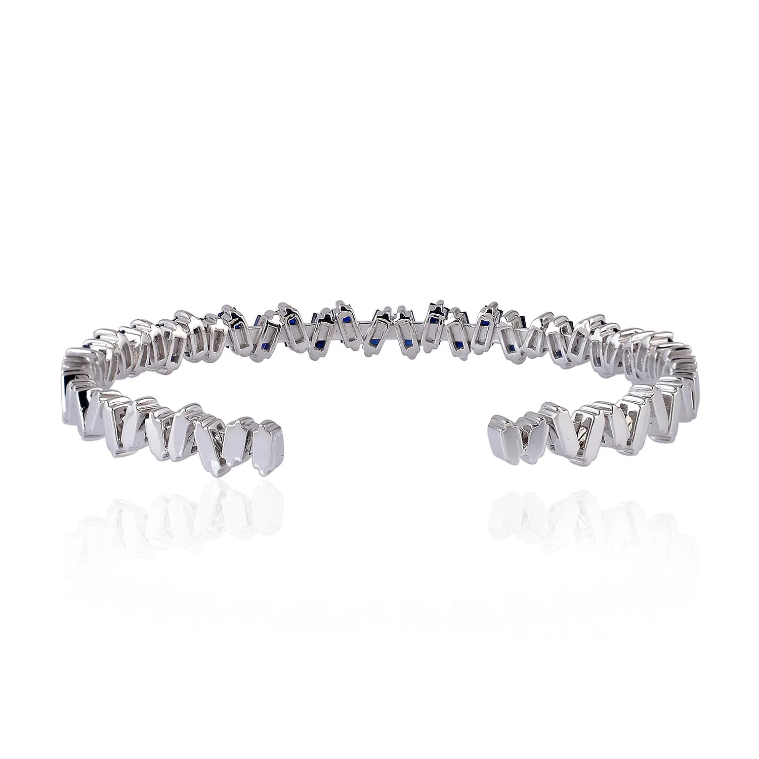 Baguette Blue Sapphire September Birthstone Designer Cuff Bracelet In 18k White Gold