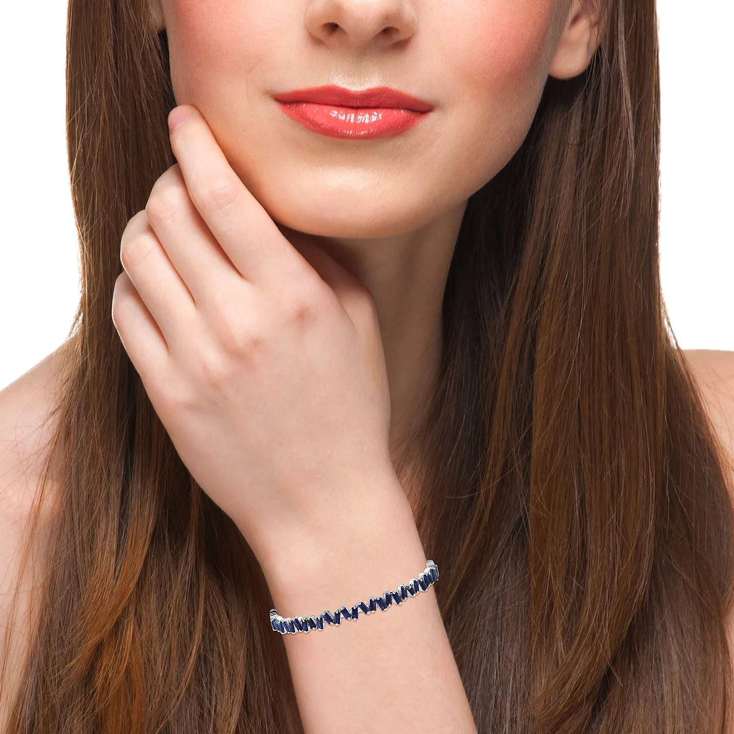 Baguette Blue Sapphire September Birthstone Designer Cuff Bracelet In 18k White Gold