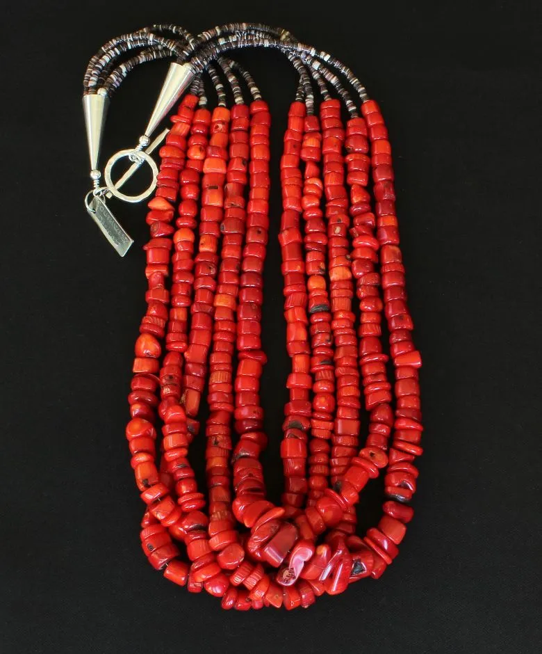 Bamboo Coral Chunky Heishi 5-Strand Necklace with Violet Olive Shell Heishi and Sterling Silver Cones and Toggle Clasp