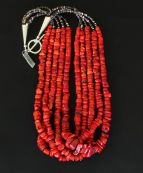Bamboo Coral Chunky Heishi 5-Strand Necklace with Violet Olive Shell Heishi and Sterling Silver Cones and Toggle Clasp