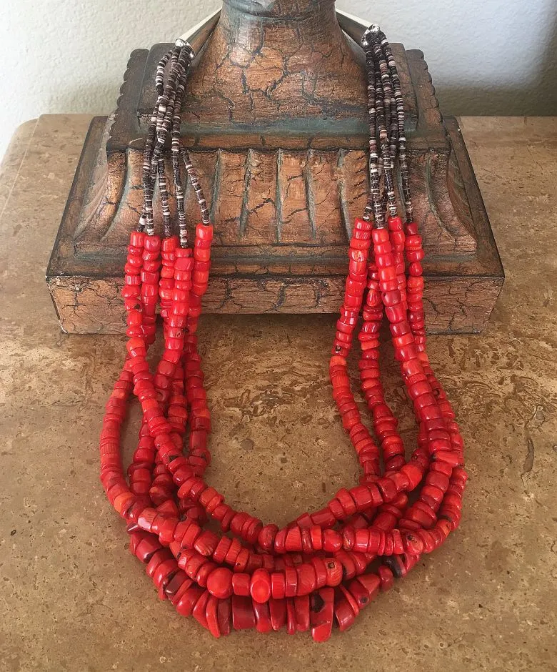 Bamboo Coral Chunky Heishi 5-Strand Necklace with Violet Olive Shell Heishi and Sterling Silver Cones and Toggle Clasp