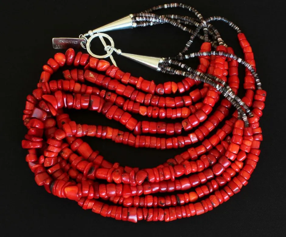 Bamboo Coral Chunky Heishi 5-Strand Necklace with Violet Olive Shell Heishi and Sterling Silver Cones and Toggle Clasp
