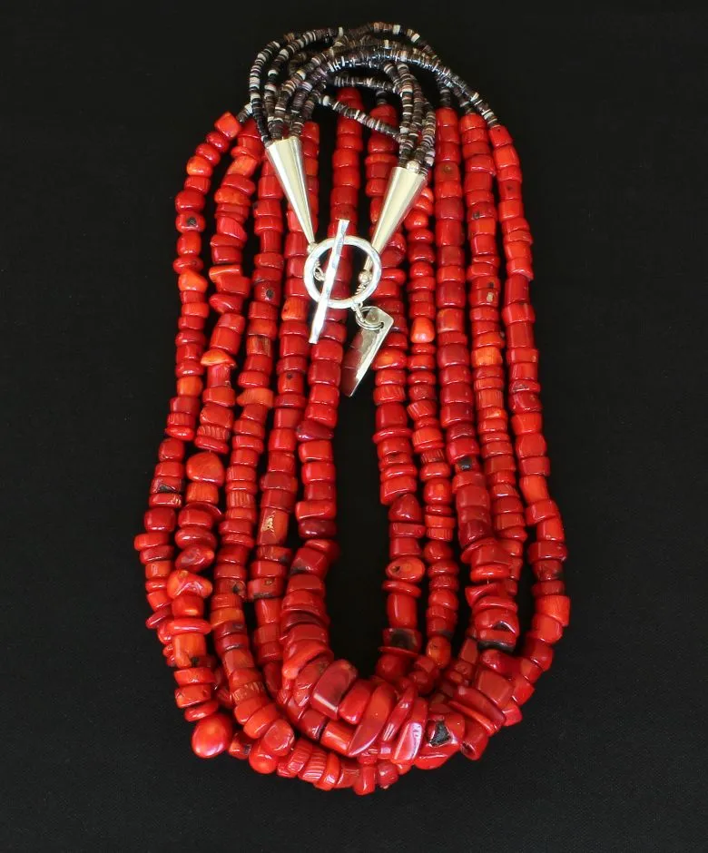 Bamboo Coral Chunky Heishi 5-Strand Necklace with Violet Olive Shell Heishi and Sterling Silver Cones and Toggle Clasp