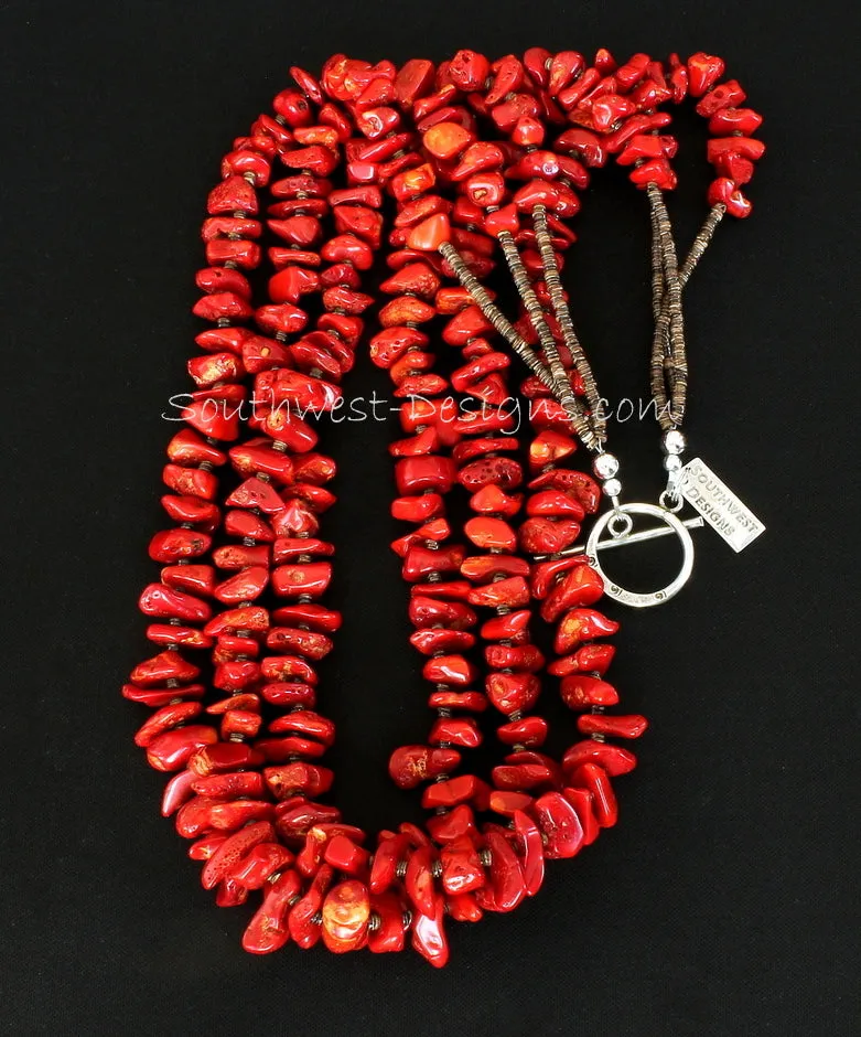 Bamboo Coral Nugget 3-Strand Necklace with Olive Shell Heishi and Sterling Silver