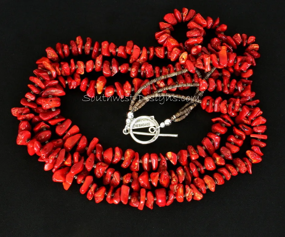 Bamboo Coral Nugget 3-Strand Necklace with Olive Shell Heishi and Sterling Silver