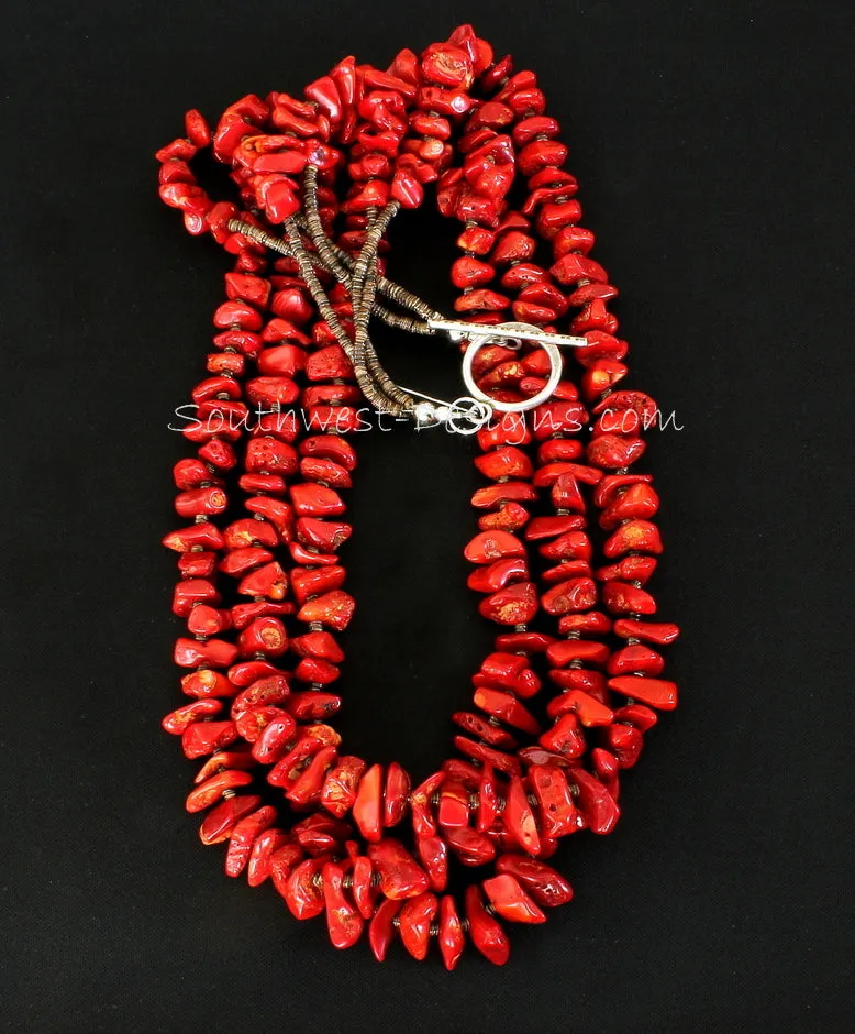 Bamboo Coral Nugget 3-Strand Necklace with Olive Shell Heishi and Sterling Silver