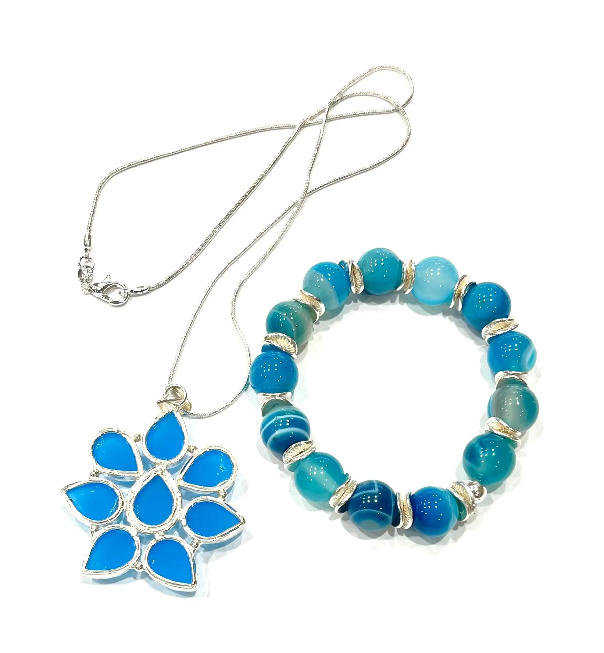 Blue-Banded Agate & Blue Chalcedony Silver Pendant Necklace Jewelry Set