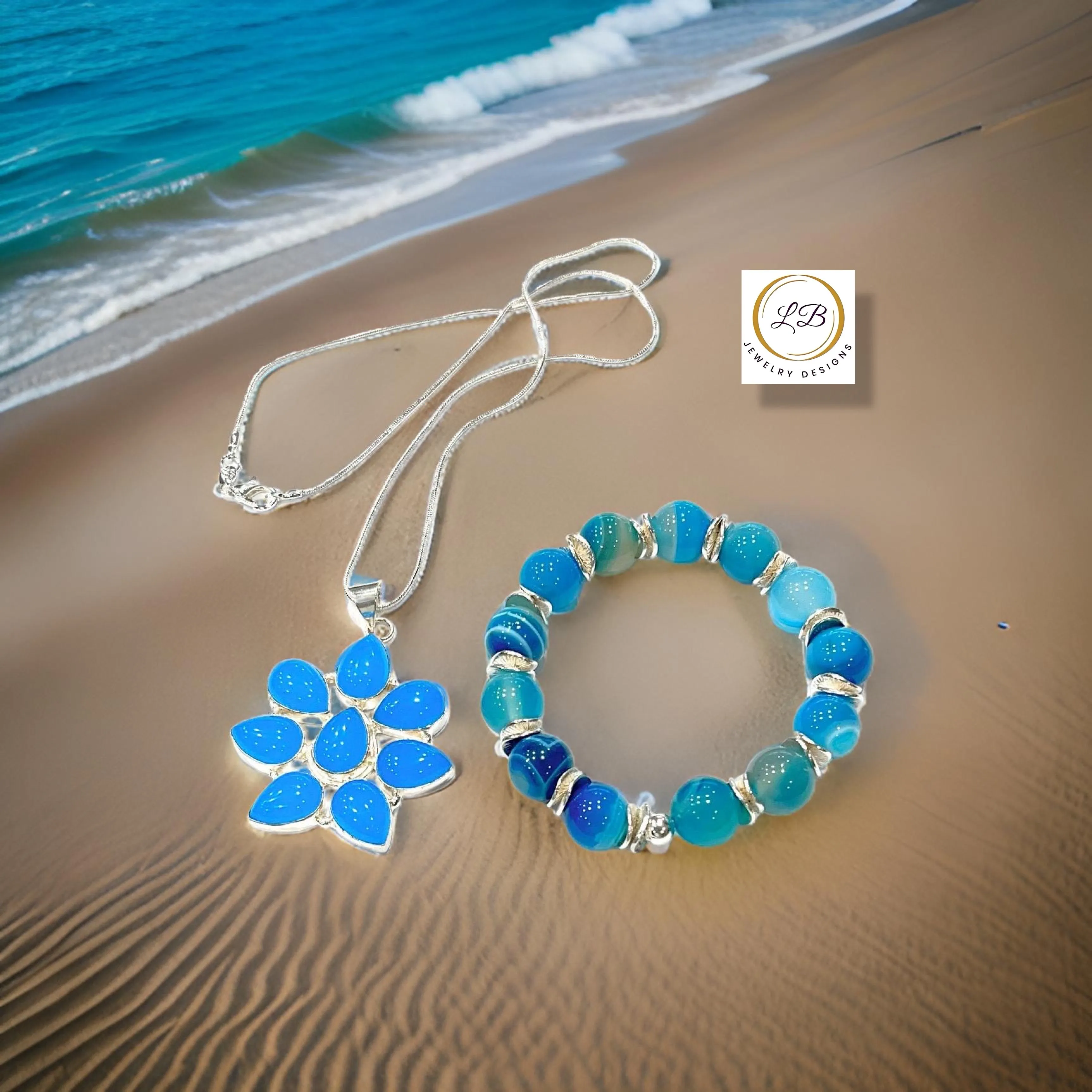 Blue-Banded Agate & Blue Chalcedony Silver Pendant Necklace Jewelry Set