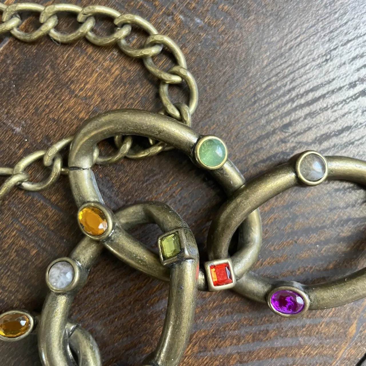 Brass chain link belt with colorful gems