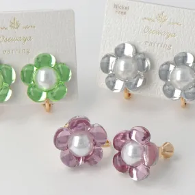 Clear Flower Clip On Earrings