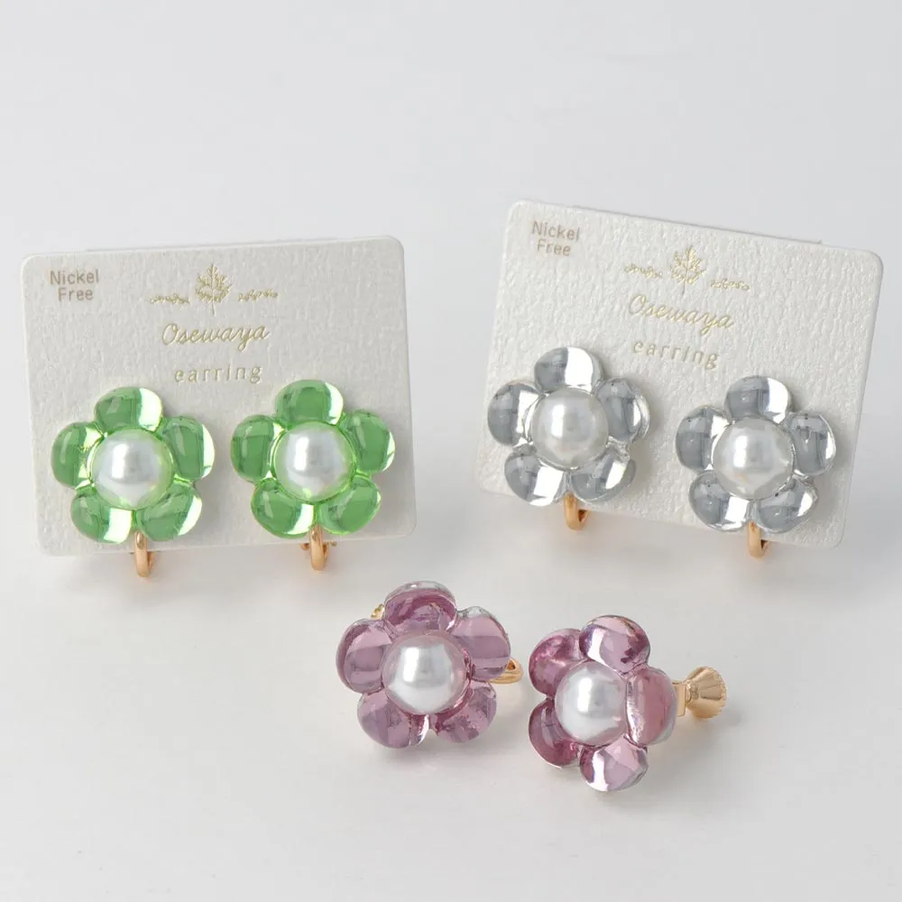Clear Flower Clip On Earrings