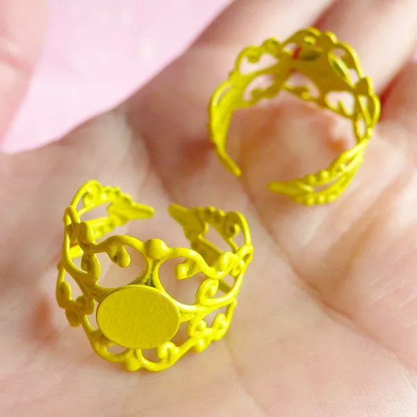 CLEARANCE Ring Blank Adjustable / Filigree Ring Base Findings w/ 8mm Pad (2 pcs / Yellow) Jewelry Making Jewellery Findings Ring Making Supplies F022