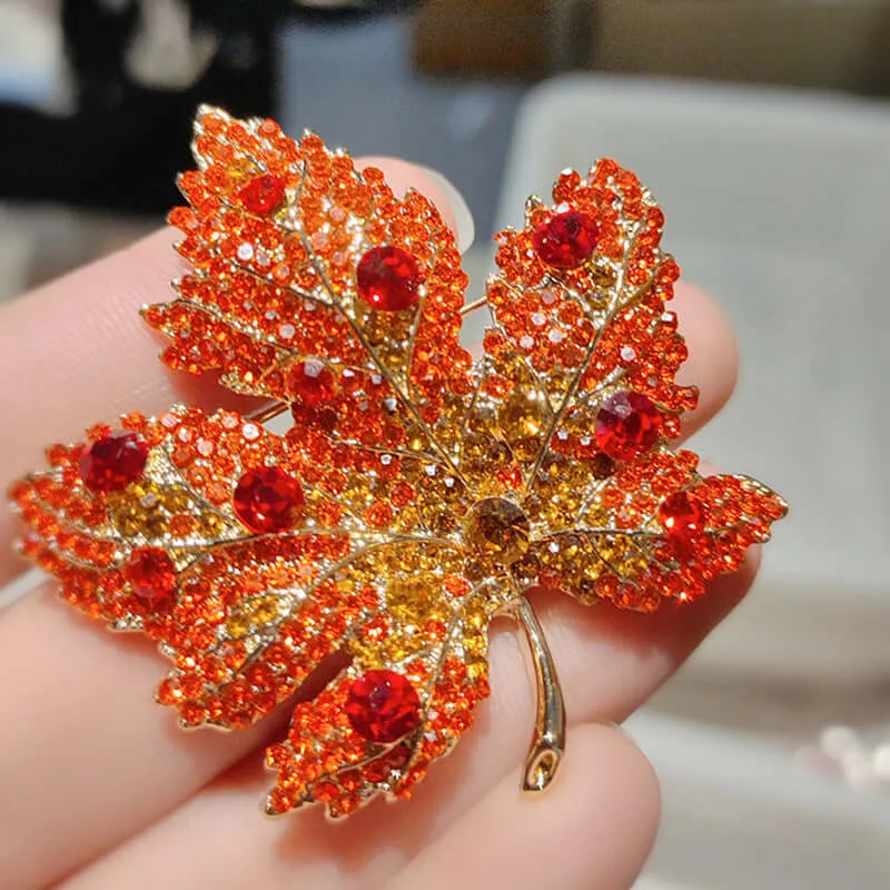 Copper Tricolor Maple Leaf CZ Diamond Brooch