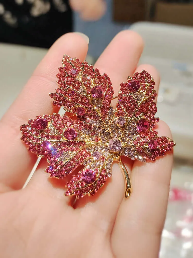 Copper Tricolor Maple Leaf CZ Diamond Brooch