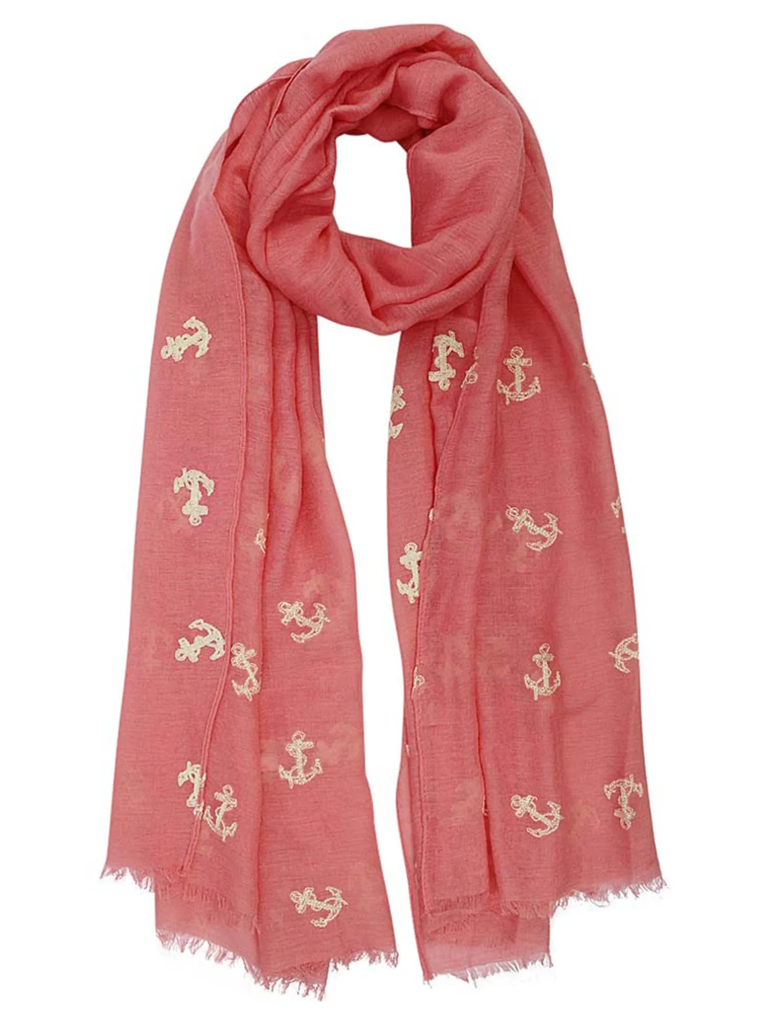 Coral & Pink Lightweight Anchor Embroidered Shawl Wrap