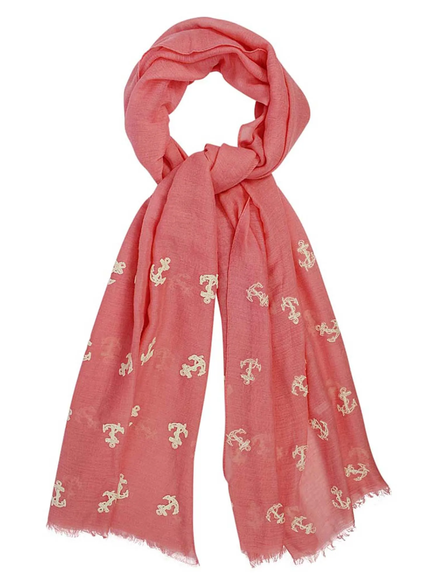Coral & Pink Lightweight Anchor Embroidered Shawl Wrap