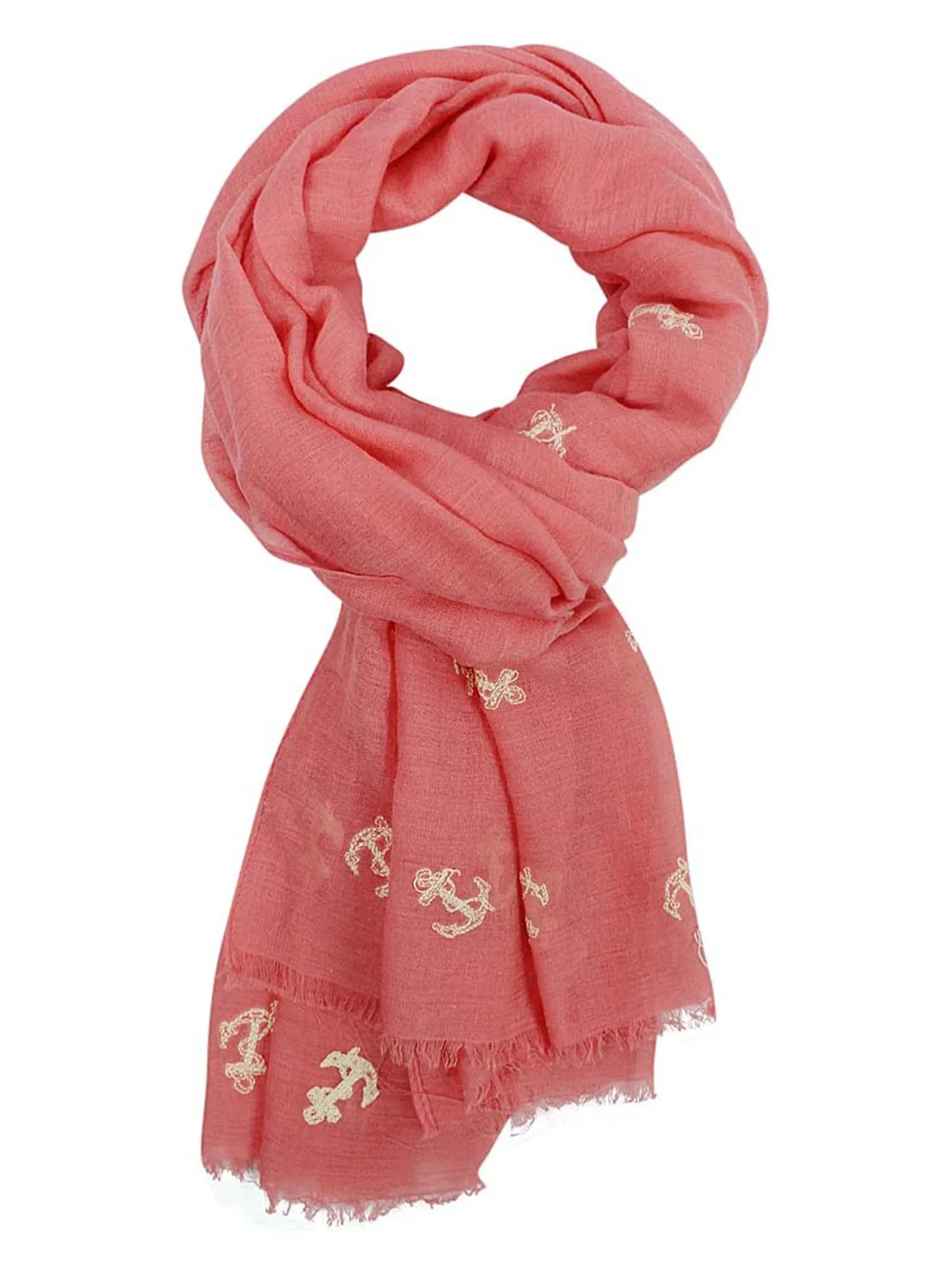 Coral & Pink Lightweight Anchor Embroidered Shawl Wrap