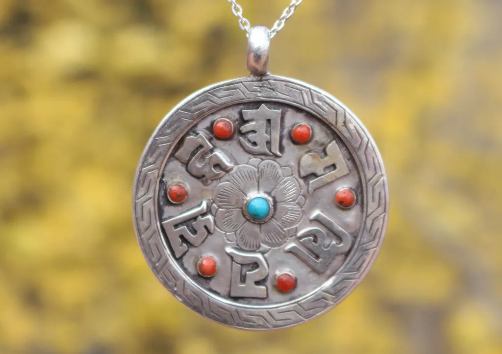 Coral and Turquoise Inlaid Om Mani Sterling Silver Pendant