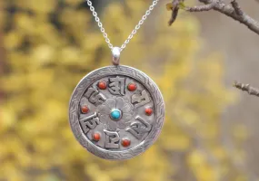 Coral and Turquoise Inlaid Om Mani Sterling Silver Pendant