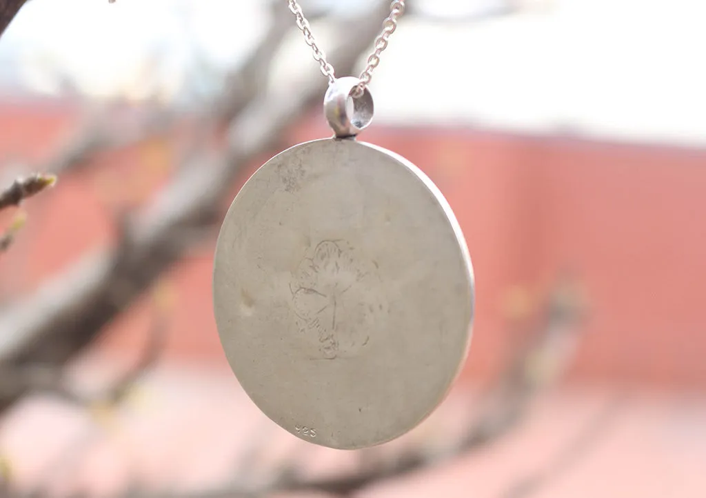 Coral and Turquoise Inlaid Om Mani Sterling Silver Pendant