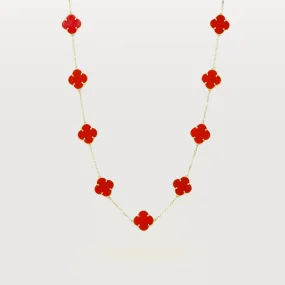 Coral Four Leaf Clover Necklace - 14k Yellow Gold
