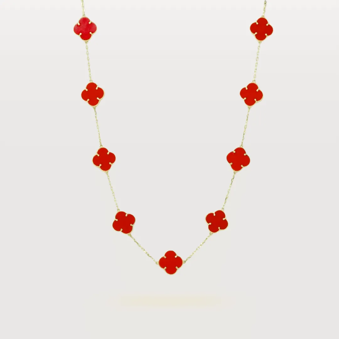 Coral Four Leaf Clover Necklace - 14k Yellow Gold