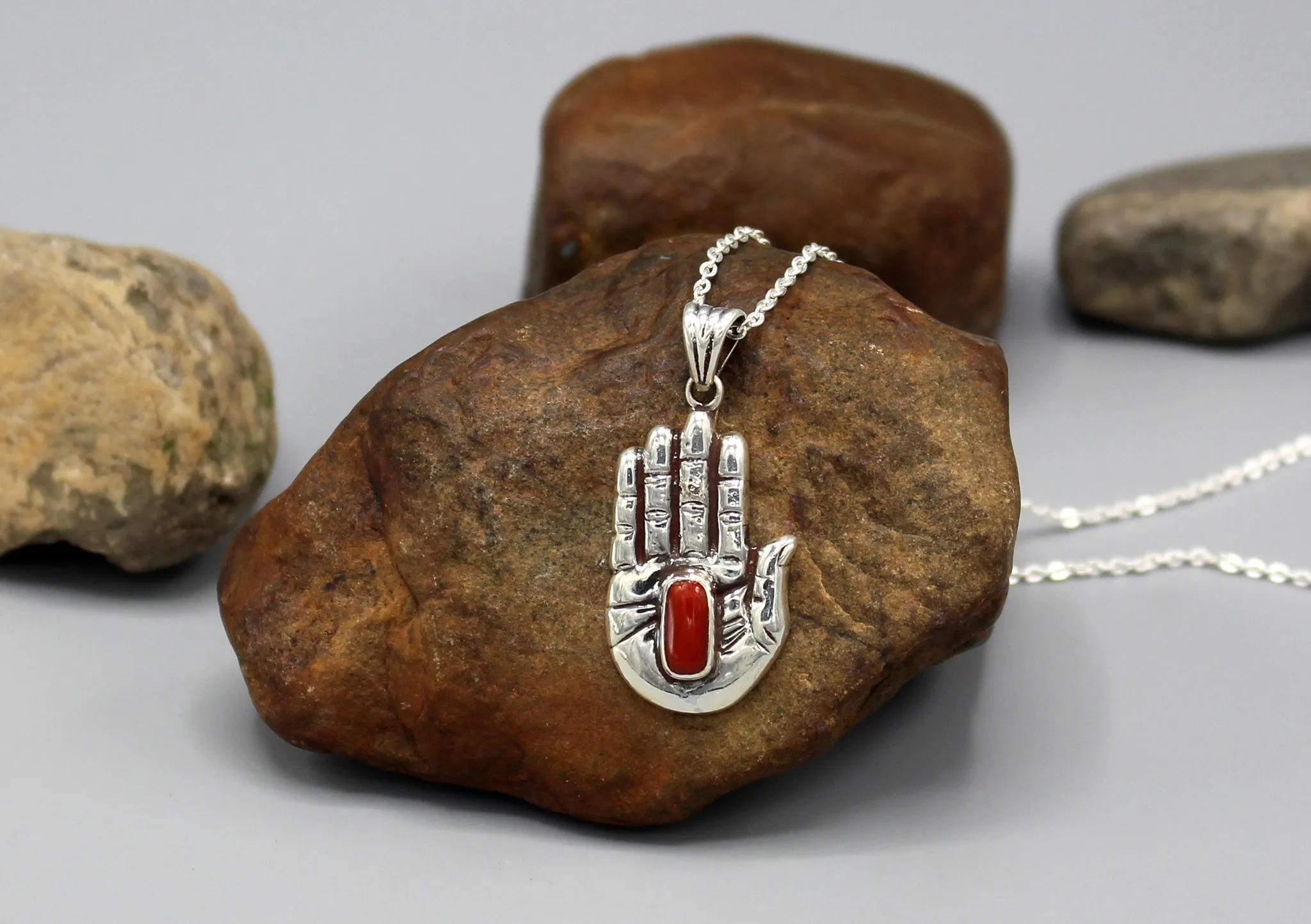 Coral Inlaid Hamsa Sterling Silver Pendant