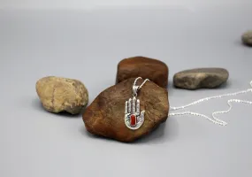 Coral Inlaid Hamsa Sterling Silver Pendant