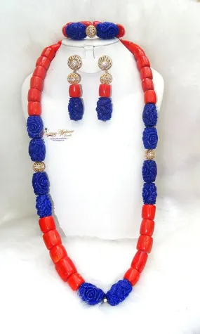 Coral Mixed with Blue carved coral Beads African Nigerian Embelished Necklace Jewellery Set Great as Gift