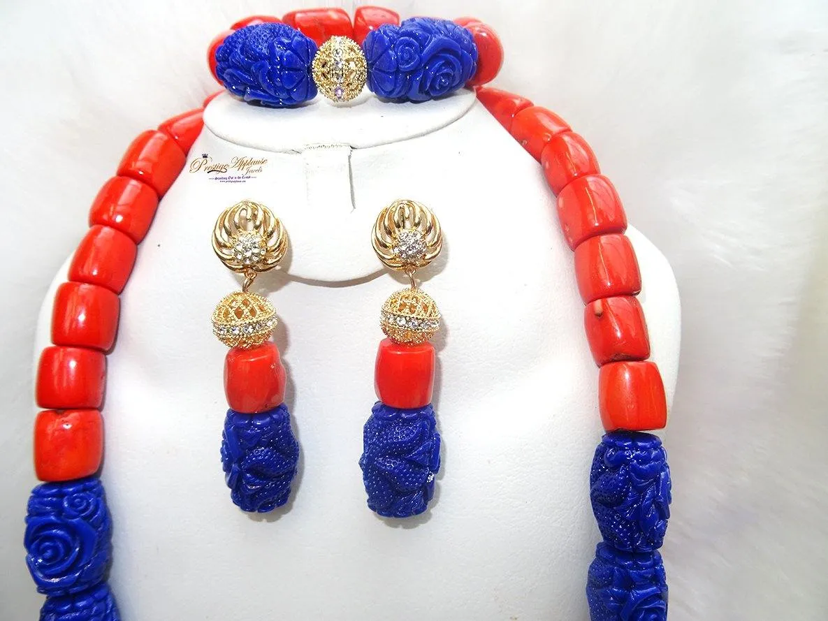 Coral Mixed with Blue carved coral Beads African Nigerian Embelished Necklace Jewellery Set Great as Gift